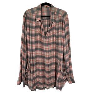 Free People FP One Gray Pink Plaid Waverly Tunic Blouse Women's Lg Western Gauze